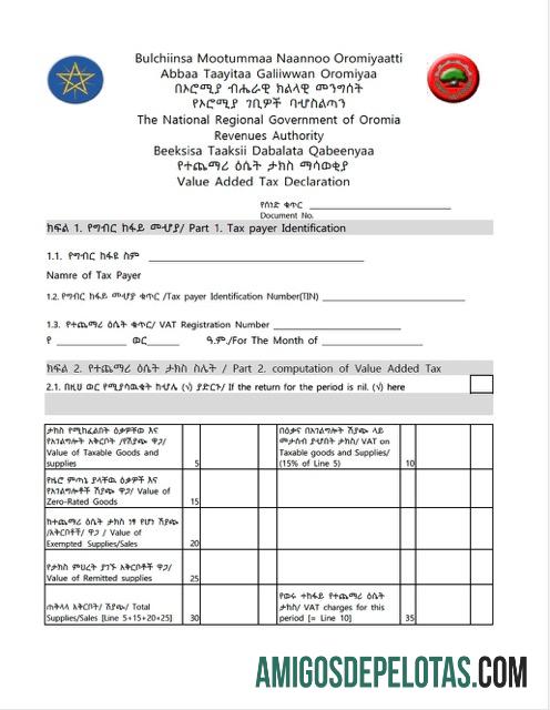 Declaração de imposto sobre valor agregado da Etiópia Oromia para impressão, Word e PDF Modelo